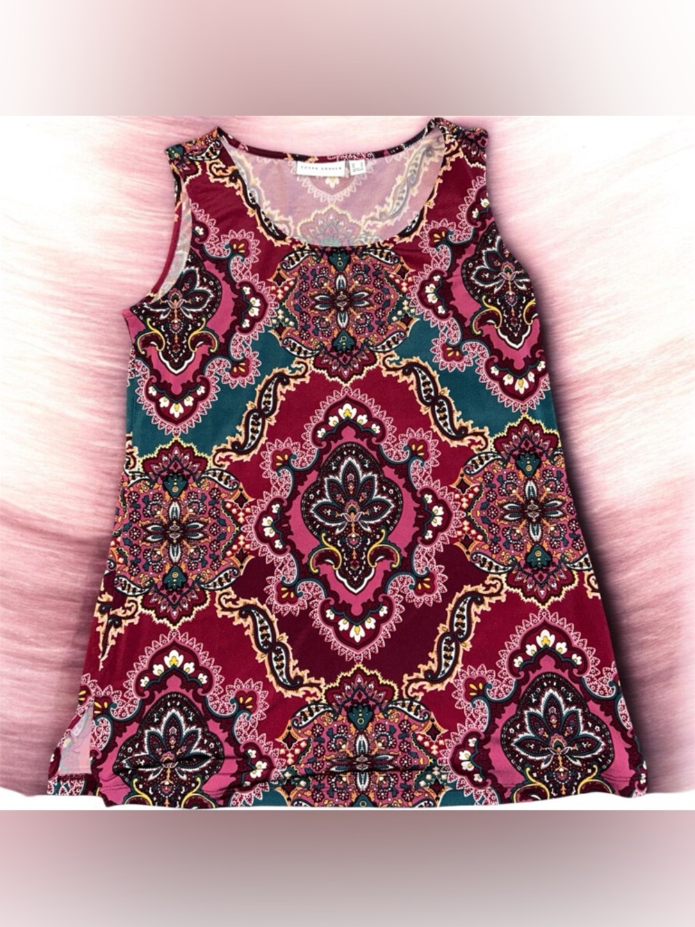 Susan Graver Sleeveless Paisley Tank Top in Burgundy, Teal, Pink